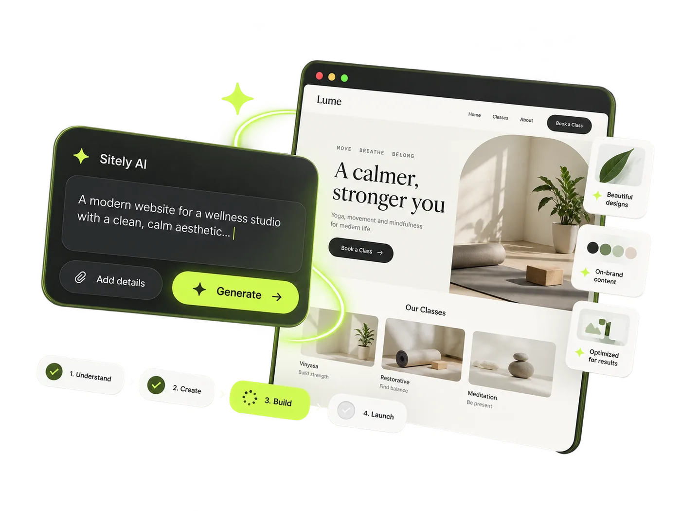 A prompt describing a business, and the website Sitely generated from it