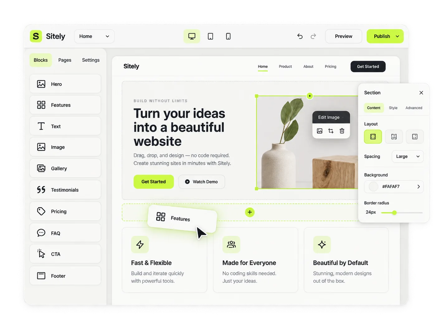The Sitely editor with the block picker open beside a page being edited