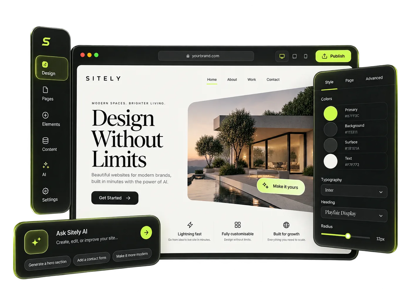 The Sitely editor, with a site open beside its design panel and AI assistant