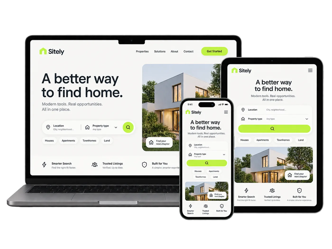 The same Sitely site on a laptop, a tablet and a phone